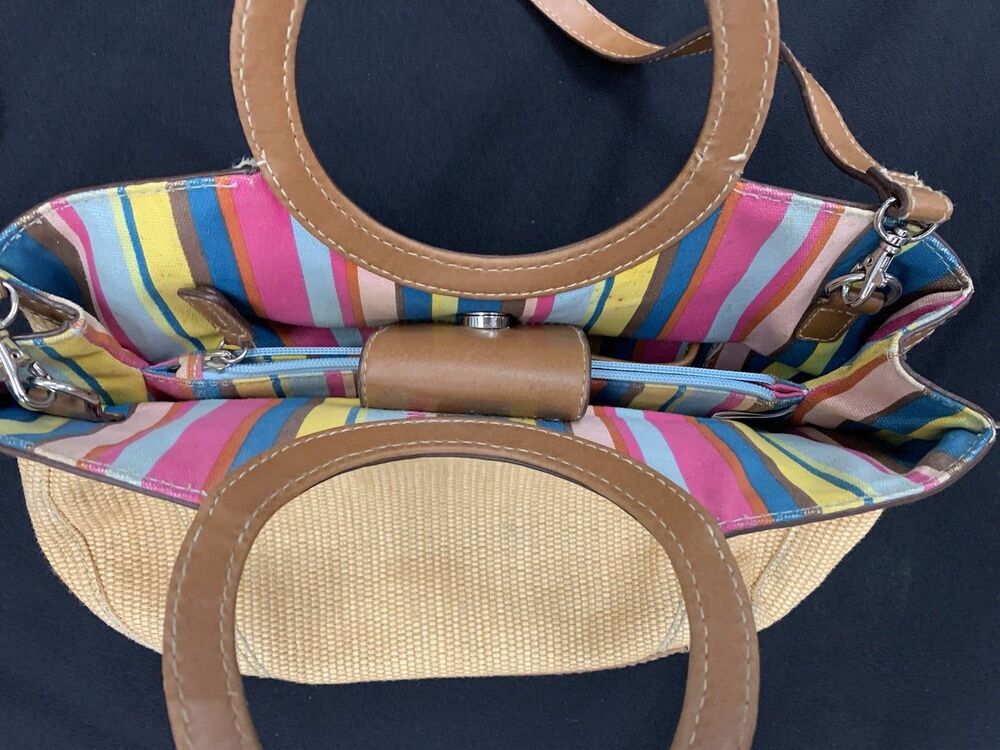 Y2K Fossil Woven Straw Wooden Handle Handbag Multicolor Stripe Lining Vintage 90
